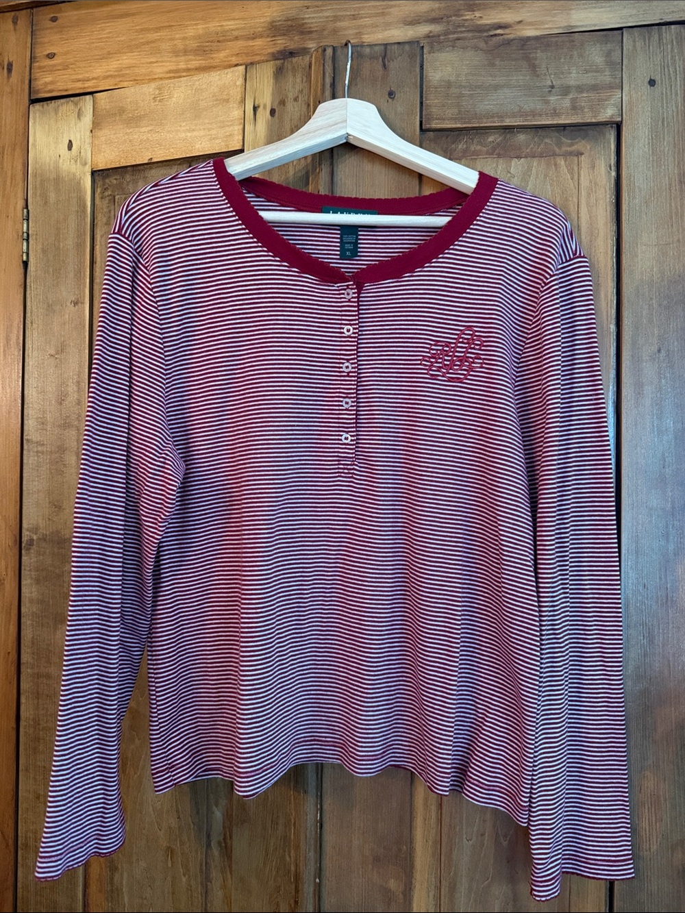 Lauren Ralph Lauren XL Red and White Striped Long-Sleeve Henley Top Classic